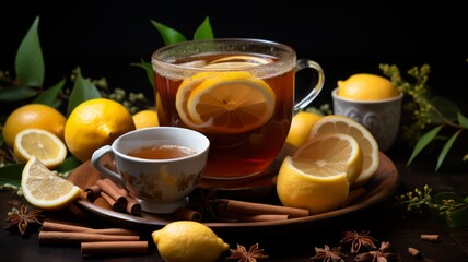 Refreshing citrus drink with lemon slice, honey and ginger.