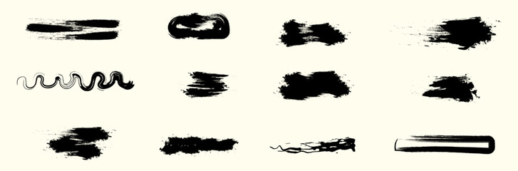 Hand drawn collection of abstract ink lines and brush strokes. Large collection of black paint, ink brush strokes, lines. Grunge dirty shapes and silhouettes for your design. Paintbrush set