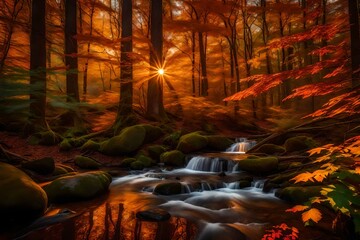 sunset. The trees sway in the gentle breeze, creating a rhythmic dance of shadows. The forest stream reflects the soft, warm colors of the sky, mirroring the celestial generative ai technology