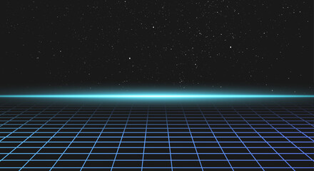 Synthwave landscape with grid, ray of light on the horizon and stars in the background. 80's galaxy skyline. Laser geometric 3D graphic. 90s outrun design. Cyberpunk vibes. Futuristic neon layout. - obrazy, fototapety, plakaty