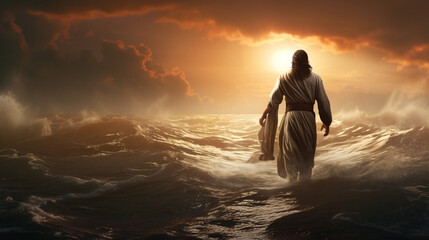 Jesus Christ walking towards the boat in the evening