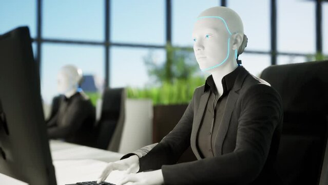 3d animation of humanoid robots working in modern office, future concept