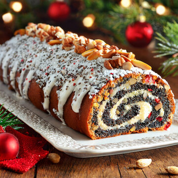 Makowiec, rolada makowa. Polskie, tradycyjne ciasto na Boże Narodzenie