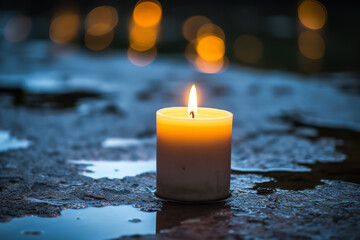 Solitary candle vigil for victims of hate - with flickering flames piercing the darkness - symbolizing hope and remembrance in adversity. - obrazy, fototapety, plakaty