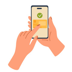 Person pays for a purchase by phone. Contactless cashless wireless payment set. Hands paying with bank debit cards, POS terminal, QR scanner, mobile phone app and smart watch. Flat vector illustration