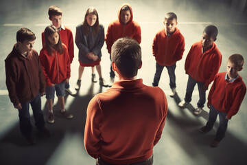 A group of bullies targeting a lone individual in a schoolyard - demonstrating physical and verbal abuse as a symbol of peer hate and aggression. - obrazy, fototapety, plakaty