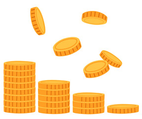 Gold coins stack. Yellow money pile, money currency in stack, gold treasure cash. Benefit in business and fortune savings, capital growth and income, savings and deposits. Vector illustration