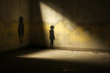 Lonely figure isolated against a backdrop of discriminatory graffiti - with a somber mood emphasized by shadows and light.