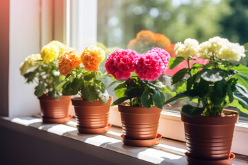 Obraz na płótnie Canvas Сute flowers in pots stand on the windowsill, bright sunny day, closeup view