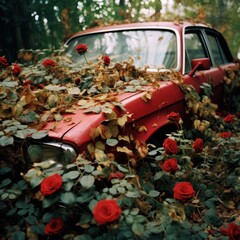 Obraz na płótnie Canvas A faded red vintage car slowly succumbs to the vibrant grasp of nature's red roses