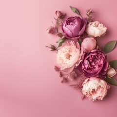 A serene peony arrangement artfully placed to represent the yin yang symbol on a pink background