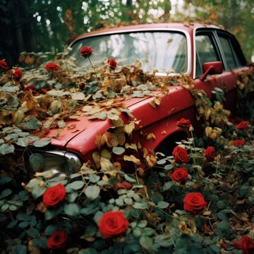 A faded red vintage car slowly succumbs to the vibrant grasp of nature's red roses