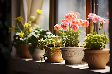 Сute flowers in pots stand on the windowsill, bright sunny day, closeup view