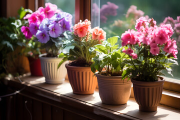 Naklejka na ściany i meble Сute flowers in pots stand on the windowsill, bright sunny day, closeup view
