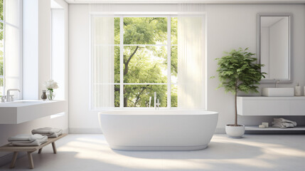 Fototapeta na wymiar Luxury white modern bathroom with window