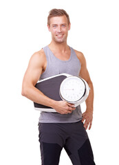 Fitness, scale and portrait of man with smile, workout and wellness with healthy pride in studio....