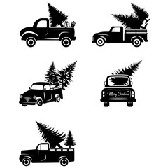 set of silhouettes Christmas Truck, truck with christmas tree, vintage truck with a Christmas pine tree, Christmas Truck Silhouette, Christmas Truck vector, Christmas vector design © Adobe design