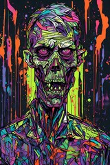 a stylized abstract painting of a male zombie head