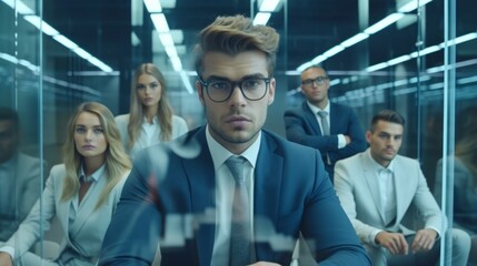 Low angle wideshot young group of business people discuss meeting  in high rise interior office business casual ideas sharing strategy vision goal business ideas concept