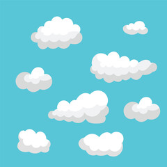 Set of vector white clouds of various shapes and transparency in the blue sky. Collection of blue clouds and beautiful shadow. Simple cute cartoon design. Flat vector illustration