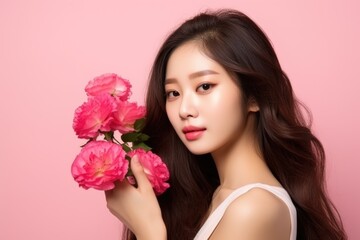 Korean Beauty Model with Flawless Skin and Spring Blossoms.