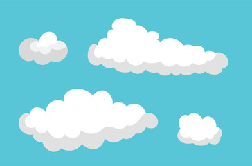 Set of vector white clouds of various shapes and transparency in the blue sky. Collection of blue clouds and beautiful shadow. Simple cute cartoon design. Flat vector illustration