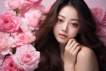 Obraz na płótnie Canvas Korean Beauty Model with Flawless Skin and Spring Blossoms.