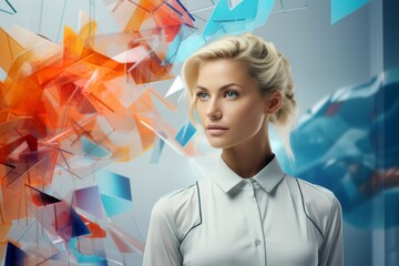 female of Advertising Agencies Show light contrast color background in abstract geometric elements with a matrix style Pivoting to Internet Marketing.