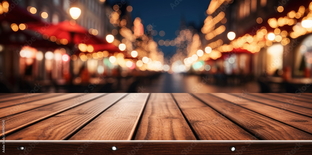 Aufkleber Empty table top with blurred bokeh light background, Christmas holiday background for product display.