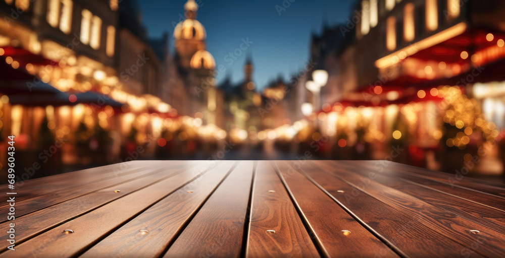 Aufkleber Empty table top with blurred bokeh light background, Christmas holiday background for product display.