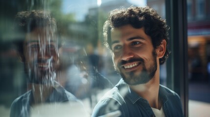 portrait shot of adult male standing against mirror reflecting on street outdoor casual relax lifestyle