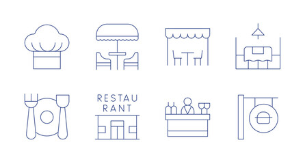 Restaurant icons. Editable stroke. Containing rest area, bar, dinner, chef, restaurant, outdoor.