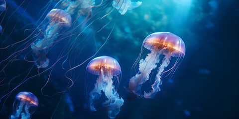 Close-up vertical shot of beautiful underwater scene with colorful glowing jellyfish swim in dark blue sea water or in tropical aquarium. Fantasy undersea background AI Generative 