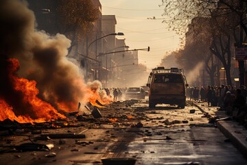 Fiery Protest Erupts in Streets Amidst Public Outcry. - obrazy, fototapety, plakaty