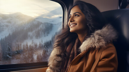 portrait of a indian tourist on a train.  Woman in a fur coat traveling in snow covered Swiss alps