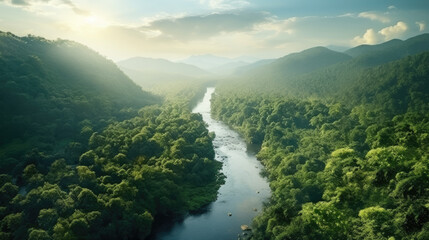 Summer in Lush Rain forest. Rivers and Tropical Vista Landscape - obrazy, fototapety, plakaty