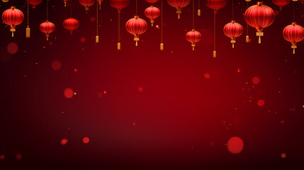 Obraz premium chinese new year background with hanging lanterns, in the style of rectangular fields, pure color, red and bronze, rounded