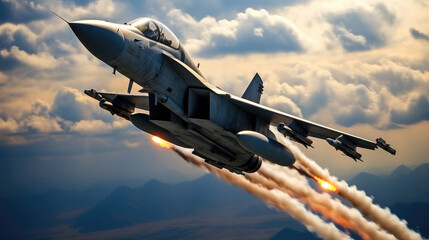 Fighter jet, Combat fighter jet on a military mission with weapons, Air combat. - obrazy, fototapety, plakaty