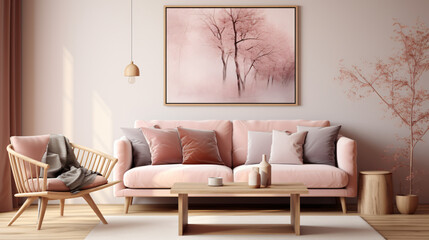 Scandinavian soft pink armchair in living room