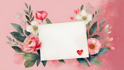 White blank greeting card on the pink background with flowers, love letter, watercolor style