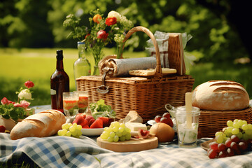 Fresco Delights: Picnic Basket with Fresh Bread, Fruits, and Drinks in a Green Park Setting. picnic basket with fresh bread, fruits and drinks in a open area, park, green areas
