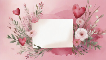 White blank greeting card on the pink background with flowers, love letter, watercolor style