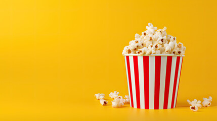 Striped Popcorn Box Isolated on Yellow Background with Copy Space