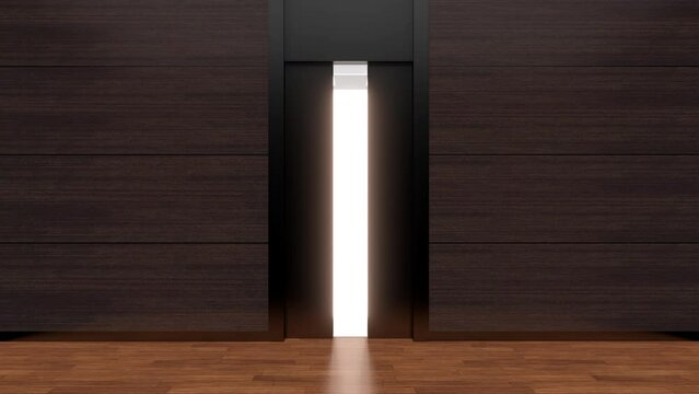 Opening elevator metal doors in wood interior hall office or house. Realistic 3d animation.