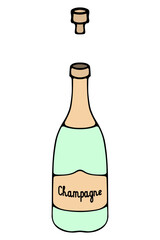 Champagne. The cork flew out of the green glass container of sparkling wine. Lettering Champagne. Golden label. Color vector illustration. Isolated background. Cartoon style. 