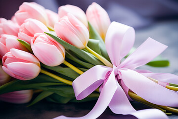 Fototapeta na wymiar Soft Pink Tulips Tied with a Satin Ribbon