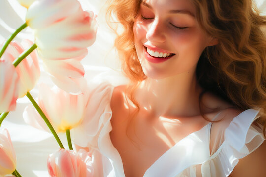 Joyful Young Woman with Blonde Hair Amongst Light Pink Tulips