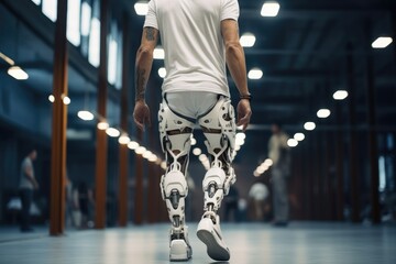 Man walking with Futuristic Cyber Prosthetic Leg, Modern technology in prosthetic leg for disability people.