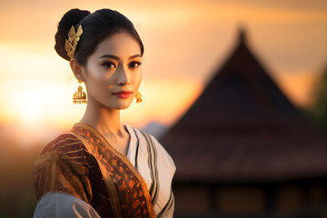 Portrait of a beautiful young asian woman model in luxury traditional thai dress costume, Ancient Thailand style, Southeast asian culture