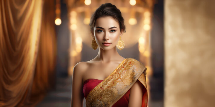 Portrait of a beautiful young asian woman model in luxury traditional thai dress costume, Ancient Thailand style, Southeast asian culture
